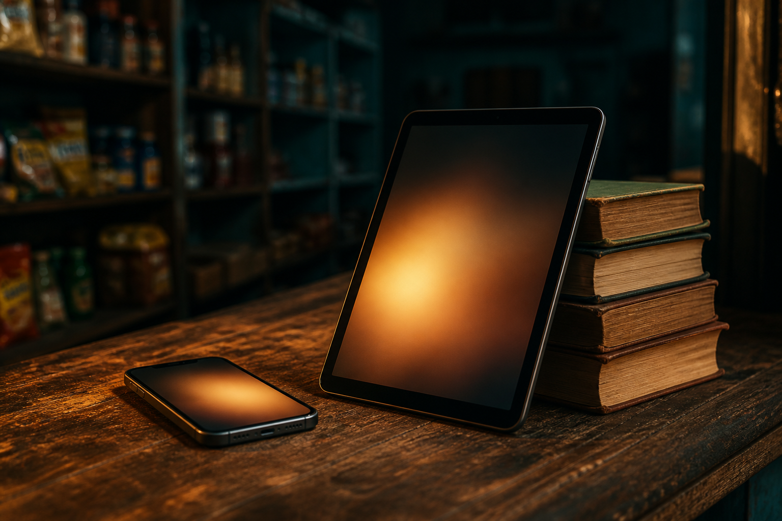 Tablet e celular sobre o balcão de madeira de um comércio: o material do Protocolo na mesa de quem atende