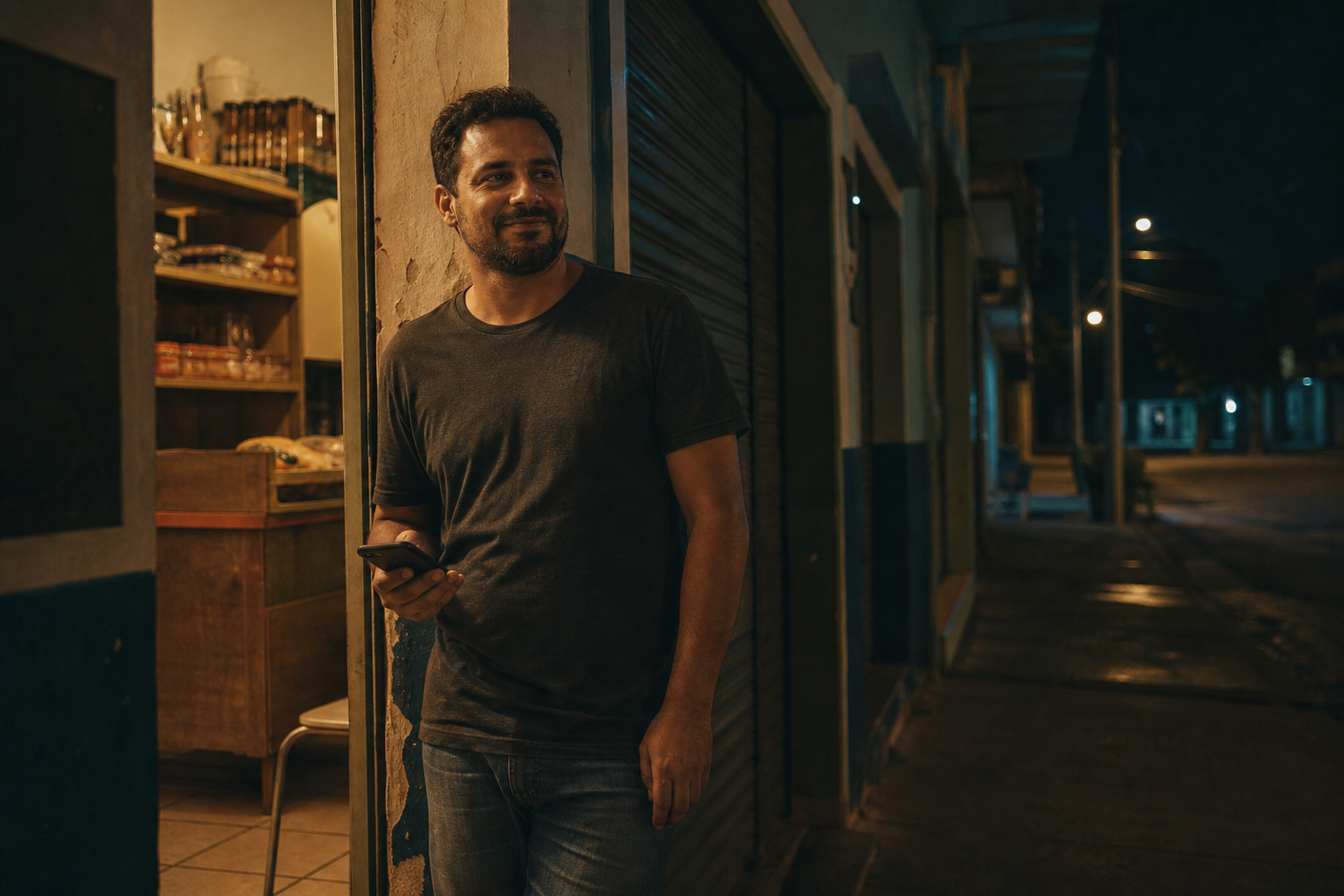 Dono de loja tranquilo na porta do comércio à noite, celular na mão: o dono que termina o dia com um plano