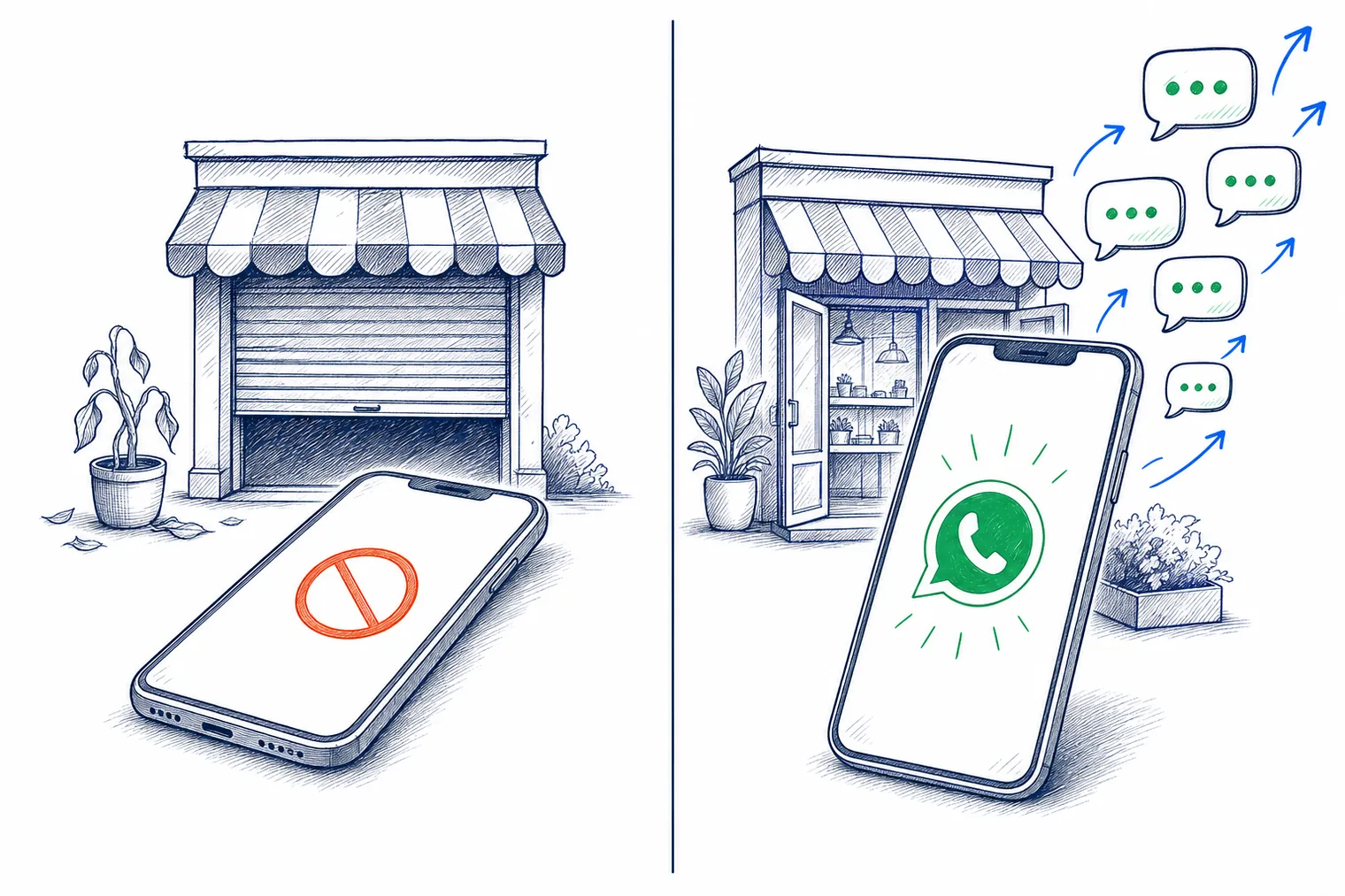 Antes e depois lado a lado: à esquerda o celular com o número mudo e a loja fechando, à direita o mesmo celular funcionando com mensagens chegando