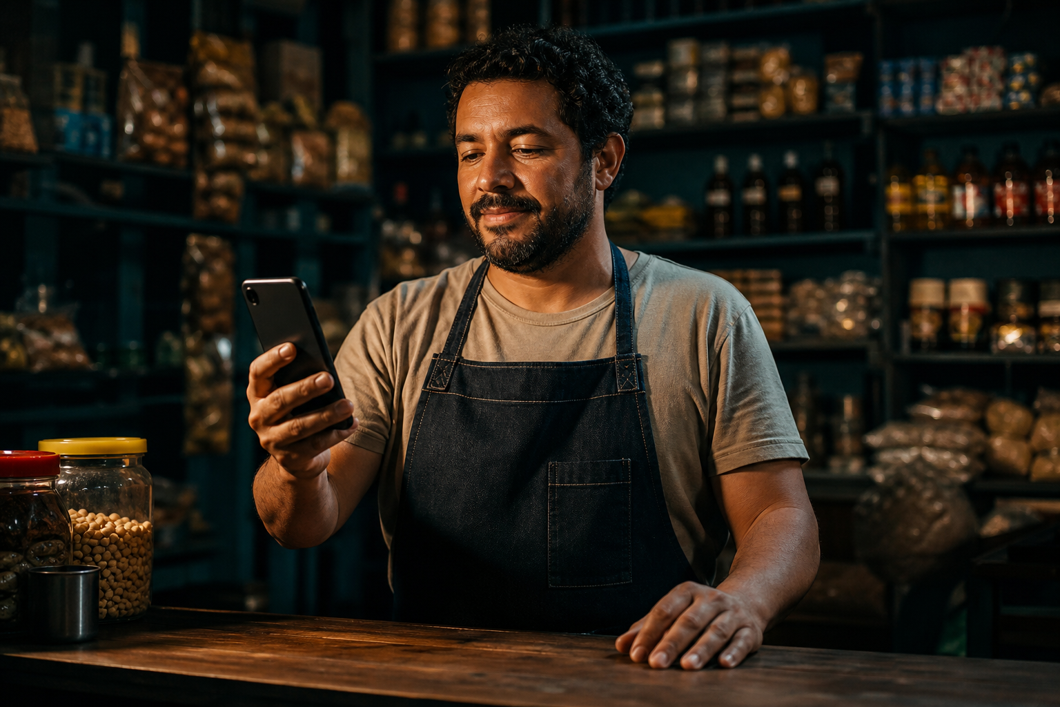 Dono de loja atrás do balcão, celular na mão, tranquilo: o dono que tem um plano