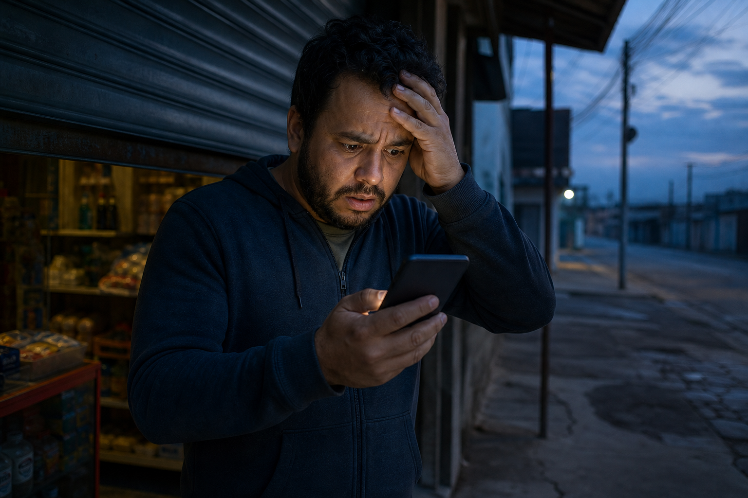 Dono de comércio diante da loja de porta fechada, lendo o aviso no celular
