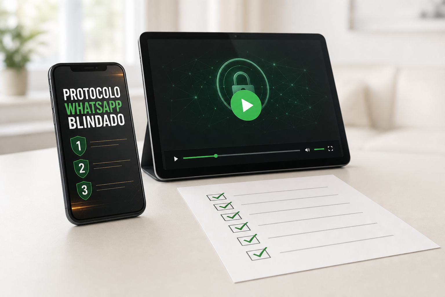O material do Protocolo como ele chega: e-book no celular, aula em vídeo no tablet e checklist impresso com itens marcados