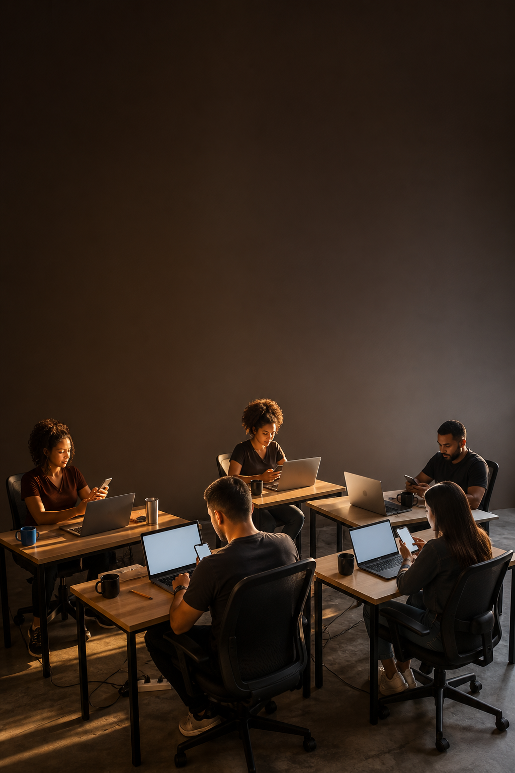 Equipe pequena atendendo clientes em celulares e computadores: a rotina de quem vive de atendimento