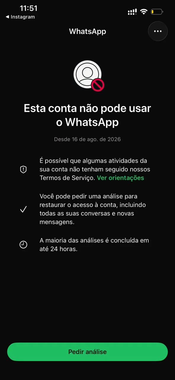Tela real de WhatsApp bloqueado: aviso de que esta conta não pode usar o WhatsApp