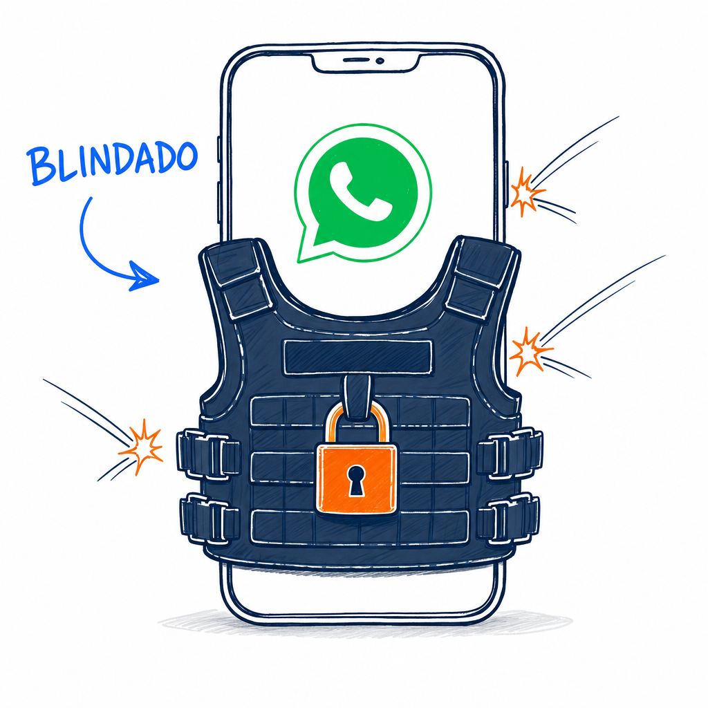 Desenho de um celular com o WhatsApp na tela vestindo um colete à prova de balas com cadeado: o número blindado